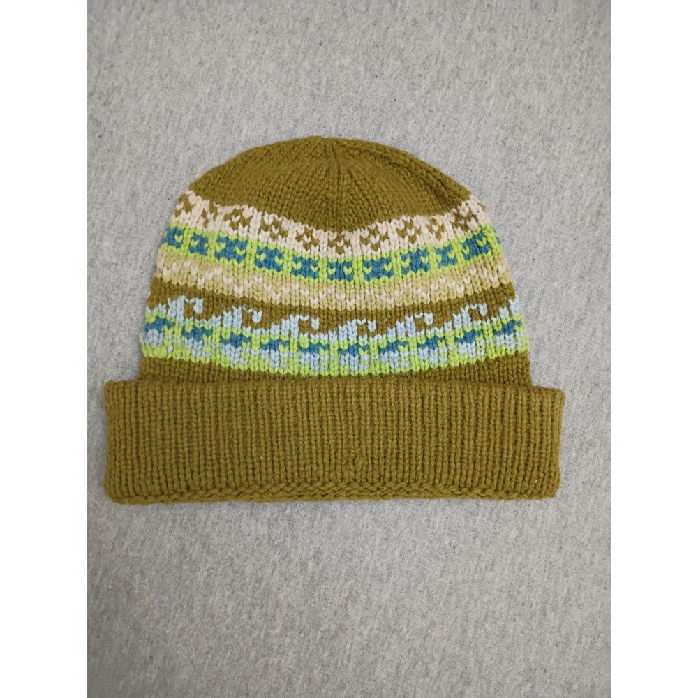 Artesania Inc 100% Lambswool Knit Beanie Hat Olive Green Fair Isle Bolivia